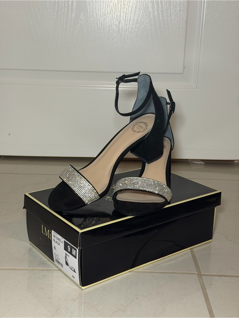 Black Ankle-Strap Block Heels with Rhinestone Toe Strap
